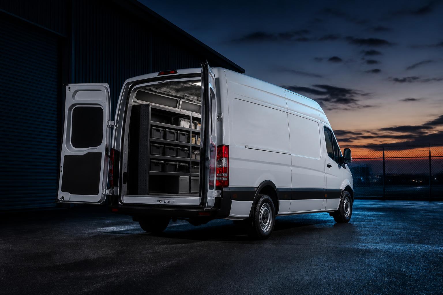 Professional white cargo van set up with interior shelving for a mobile service business